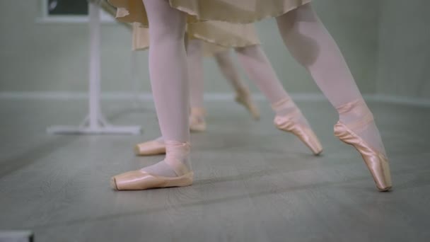 Front view γυναικεία πόδια σε pointes εκτελεί κίνηση tendu αίθουσα χορού. Ομάδα αγνώριστων Καυκάσιων νεαρών αδύνατων γυναικών που κάνουν πρόβες ταυτόχρονα στο μπαρ σε κλειστό στούντιο χορού. — Αρχείο Βίντεο