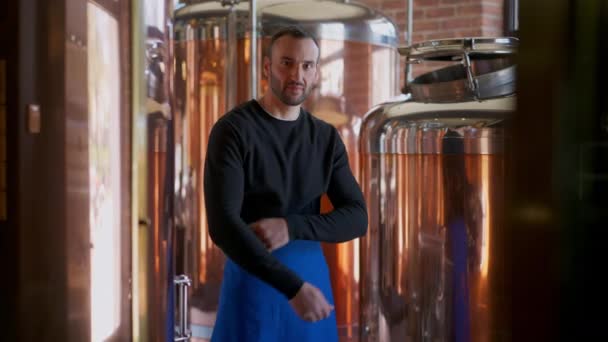 Cervecero seguro cruzando las manos mirando a la cámara de pie en la cervecería en el interior. Retrato de un joven guapo caucásico sin afeitar posando en grandes tanques de cerveza. Concepto de industria de producción de alcohol. — Vídeo de stock
