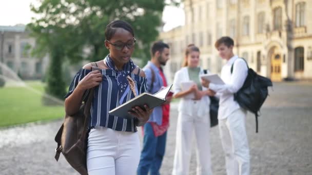 Porträt einer konzentrierten afroamerikanischen Frau, die auf dem College-Campus steht und mit einer Gruppe multiethnischer Mitschüler im Hintergrund lernt. Nachdenklich schöne Studentin mit Brille im Freien. Zeitlupe — Stockvideo