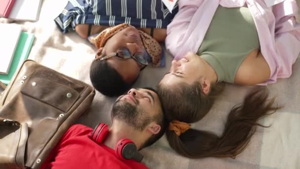Top view happy multiethnic students lying on sunny day on blanket looking at each other turning to camera smiling. Relaxed confident African American Caucasian women and Middle Eastern man posing. — Stock Video
