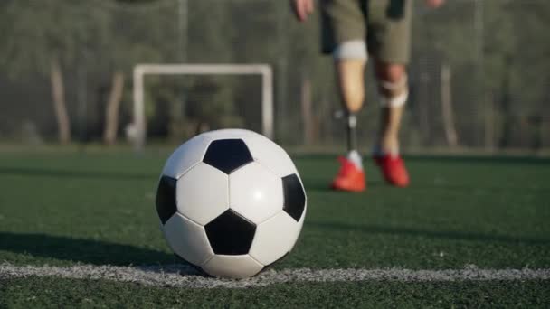 Zblízka míč na zelené trávě s mužskou amputovanou chůzi s fotbalové tréninkové vybavení odchází. Nerozpoznatelný kavkazský sportovec s protézou procházející se po letním sportovním hřišti venku. — Stock video
