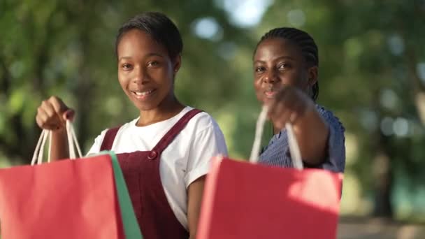 Zwei glückliche Afroamerikanerinnen, die Einkaufstüten auf den Schultern hängen und lächelnd in die Kamera schauen. Mittleres Porträt freudig selbstbewusste Freunde prahlen im Sommerpark mit Einkäufen. — Stockvideo