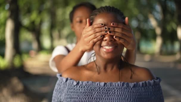 Portrait de femme afro-américaine surprise souriant comme un ami couvrant les yeux avec les mains. Joyeux rendez-vous jeune femme de grande taille avec un ami mince dans un parc d'été ensoleillé en plein air. Mouvement lent. — Video