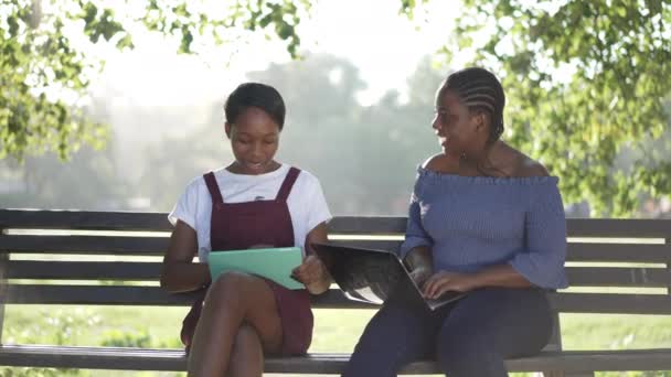 Zwei fröhliche afroamerikanische Studentinnen sitzen mit Laptop und Tablet im Sommerpark und unterhalten sich lächelnd in Zeitlupe. Porträt selbstbewusster, positiver, schöner Mitschüler, die im Freien lernen. — Stockvideo