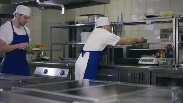Férfi szakács zöldségekkel tányéron elhaladó kolléga vizsgálja a gombát lassított felvételű távozás közben. Koncentrált professzionális kaukázusi férfiak dolgoznak kereskedelmi konyha étterem beltéri. — Stock videók