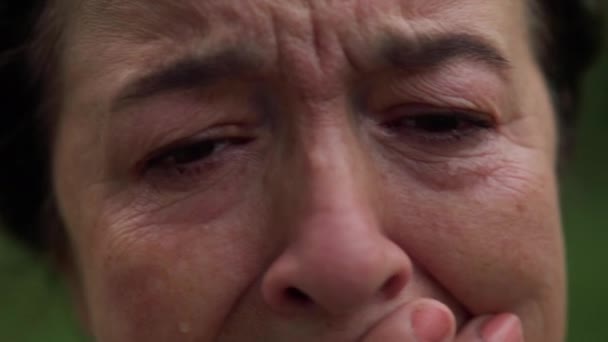 Ojos marrones de mujer mayor deprimida llorando mirando la cámara. Retrato de desesperado frustrado jubilado caucásico con lágrimas en la cara al aire libre en el parque. Concepto de depresión y envejecimiento. — Vídeo de stock