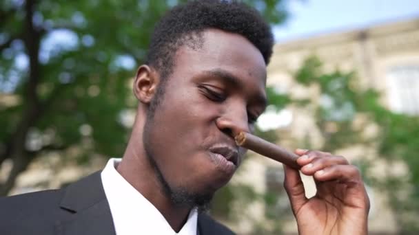 Close-up face of satisfied wealthy African American man in elegant suit smelling cigar looking at camera. Headshot portrait of happy rich successful guy posing outdoors. Bad habits and luxury. — ストック動画