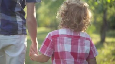 Redhead curly-haired little boy holding brother hand walking in sunbeam in spring summer park. Back view happy Caucasian child strolling with sibling in sunshine outdoors enjoying weekend.