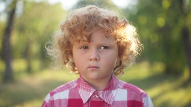 Close-up portrait of cheerful redhead little boy with curly hair looking at camera smiling standing in sunshine outdoors. Headshot of charming confident Caucasian child posing in spring summer park. — Stok video