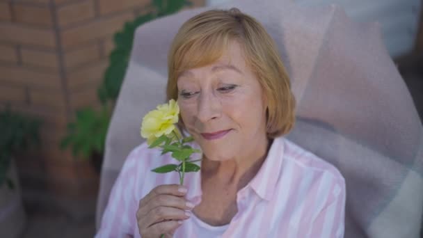 Retrato de una mujer feliz y sonriente sentada con una rosa amarilla mirando a la cámara. Relajada mujer caucásica jubilada posando con flor en cámara lenta al aire libre. Concepto de estilo de vida y felicidad. — Vídeo de stock