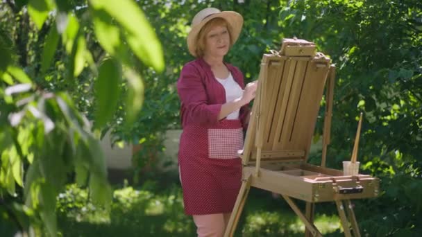 Tehetséges fehér nő portréja, amint lassított felvételen festi a festőállványt a napos kerti parkban. Koncentrált magabiztos nyugdíjas élvezi hobbi szabadban napsütésben. Képzőművészet és öregedés. — Stock videók