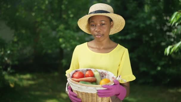 Leende vacker afroamerikansk trädgårdsmästare poserar med grönsakskorg på solig sommar höstdag utomhus. Porträtt av självsäker kvinna tittar på kameran sträcker ekologisk odlad skörd. — Stockvideo
