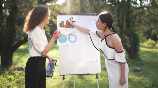 Вид сбоку две молодые женщины обсуждают бизнес-идею на открытом воздухе споря в замедленной съемке. Красивые кавказские коллеги разговаривают стоя на солнце в летнем весеннем парке планируя стартап стратегию. — стоковое видео