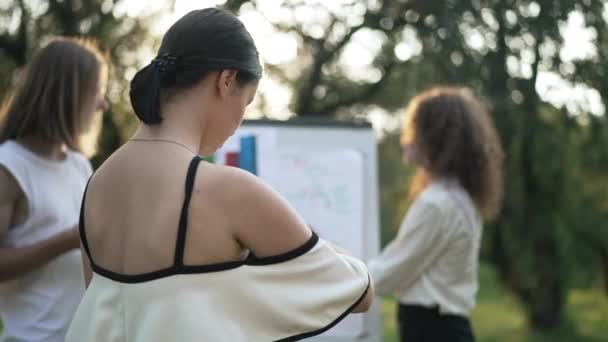 Visszapillantás vékony fiatal nő elemzése papírmunka beszél kollégák whiteboard a Sunny Park. Intelligens kaukázusi elemző ötleteket vitat meg a napsütésben lassított felvételű munkatársakkal. — Stock videók