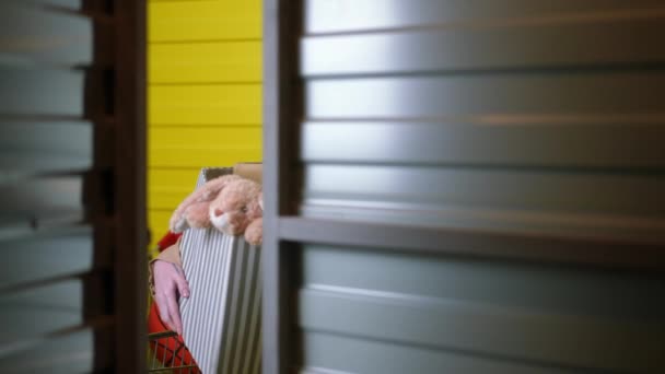 ボックスで立ってドアを開ける若い女性のロッカールーム内からの撮影。所持品を保管するセルフストレージユニットにおける白人テナントの賃貸物件の肖像. — ストック動画