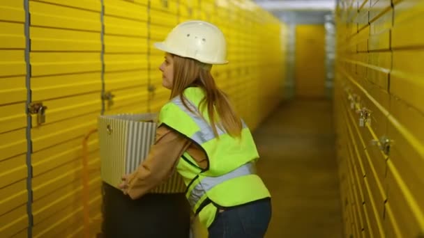 Jeune femme sérieuse en uniforme et chapeau dur s'éloignant avec une boîte dans l'entrepôt. Portrait de confiant travailleur féminin caucasien en stockage jaune laissant avec effets personnels. — Video