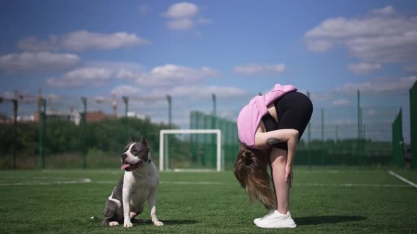 Ağır çekimde bükülen geniş açılı genç bir kadın köpek sahibi olarak dışarıda egzersiz yapıyor. Pozitif beyaz dövmeli sporcu kadının portresi antrenmanda evcil hayvanla eğlenirken gülüyor.. — Stok video