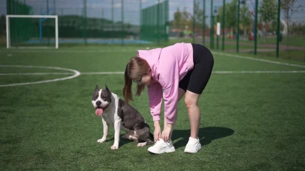 Zelfverzekerde sportvrouw die schoenveters knoopt aan sneakers die met hond in slow motion vertrekken. Wide shot jonge blanke vrouw en Amerikaanse Staffordshire Terrier wandelen na ochtend workout. — Stockvideo