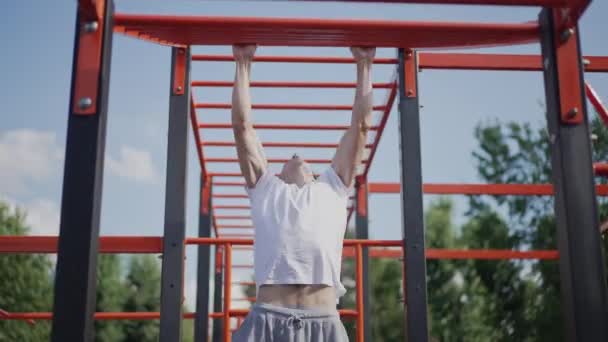 Motivasi olahragawan melatih otot tangan pada peralatan olahraga di taman luar ruangan. Tampilan depan potret terkonsentrasi pemuda Kaukasia bekerja di bar latihan pada hari musim panas yang cerah. — Stok Video