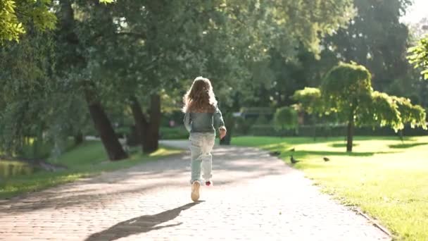 Kembali melihat gadis kecil ceria berjalan di bawah sinar matahari di musim semi taman musim panas dalam gerakan lambat. Foto anak Kaukasia yang bahagia menikmati waktu luang bersenang-senang di luar ruangan sinar matahari. — Stok Video
