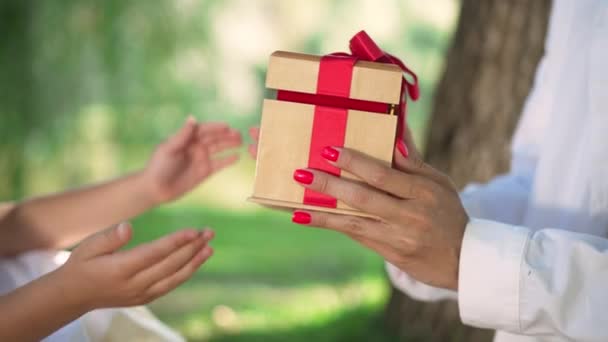 Gros plan mains féminines passant boîte cadeau à la petite fille dans un parc ensoleillé. Jeune femme caucasienne méconnaissable donnant cadeau pour la fille en vacances pique-nique en plein air au ralenti. Concept de célébration. — Video