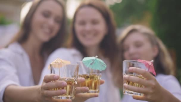 Close-up female hands toasting apple juice stretching drink to camera with blurred women smiling at background. Happy Caucasian friends celebrating having picnic on backyard outdoors. Slow motion. — ストック動画