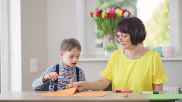 Porträtt av självsäker vit kvinna i glasögon pratar undervisa autistisk pojke inomhus. Intelligent professionell lärare i skolan med barn som lider av psykisk störning. Utbildning och autism. — Stockvideo
