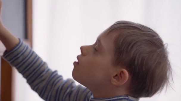 Close-up joyful autistic boy drawing with chalk on blackboard in classroom. Live camera moves from face of concentrated child with mental disorder to hand painting. Autism and motivation. — Video