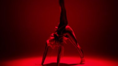 Geniş açılı, şehvetli, esnek, kırmızı neon ışıkta dans eden, arkaya doğru yürüyüp kameraya bakan kadın. Sahnede poz veren zayıf, beyaz bir sanatçı. Baştan çıkarma ve sanat konsepti.