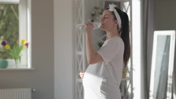 Side view confident fit pregnant woman drinking refreshing water smiling standing at home indoors. Positive beautiful Caucasian expectant resting after morning training. Sport and health. — ストック動画
