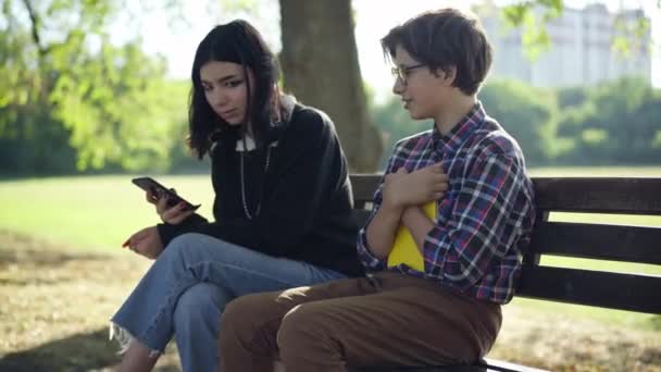 Shy Nerd Teenage Boy Talking Girl Ignoring Classmate Leaving Smartphone — Stock Video