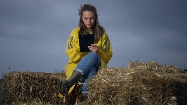 Front View Young Concentrated Woman Drawing Twilight Sitting Haystack Field — Stock Video