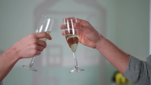 Close Male Hand Clinking Champagne Glass Toasting Woman Indoors Unrecognizable — Stock Video