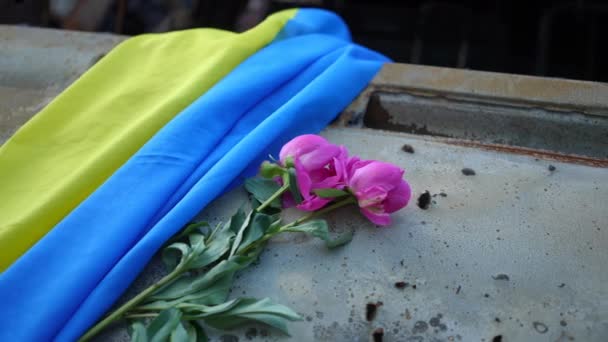 Egy Közeli Tulipán Egy Ukrán Zászló Lebombázott Autó Motorháztetőjén Golyó — Stock videók