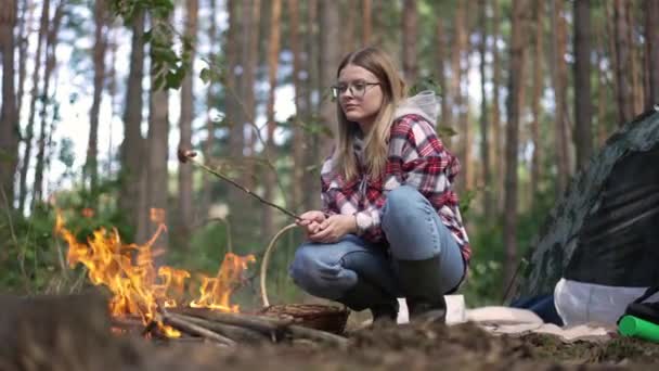 Junge Frau Bunkert Pilze Lagerfeuer Wald Weitwinkelporträt Einer Selbstbewussten Attraktiven — Stockvideo