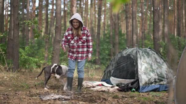 Weitschossener Hund Beobachtet Frau Beim Löschen Von Waldbrand Mit Wasser — Stockvideo