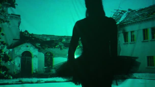 Back View Silhouette Ballerina Walking Picture Destroyed House Moving Hands — Stock video
