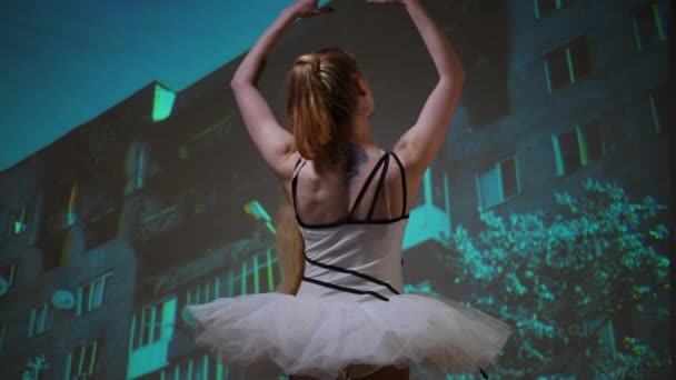 Back View Slim Ballerina Tutu Dancing Background Destroyed Ruins Picture — Stockvideo