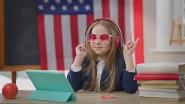 Joyful Carefree Teen Student Listening Music Headphones Closed Eyes Gesturing — Stockvideo