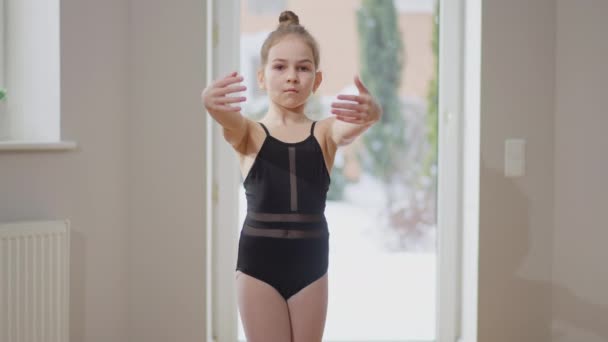 Slim Focused Teen Gymnast Looking Camera Moving Hands Slow Motion — Stock video