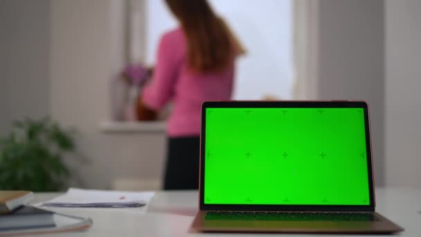 Close Green Screen Laptop Blurred Woman Walking Background Checking Flowers — Video