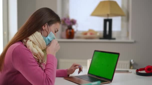 Ill Young Woman Coughing Messaging Online Green Screen Laptop Home — Stock Video