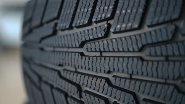 Close New Car Tire Rack Focus Moving Forward Detail Brand — Αρχείο Βίντεο