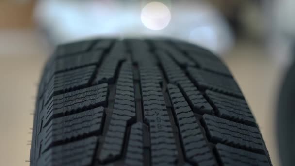 High Quality Black Rubber Car Tire Close Wheel Part Indoors — Αρχείο Βίντεο