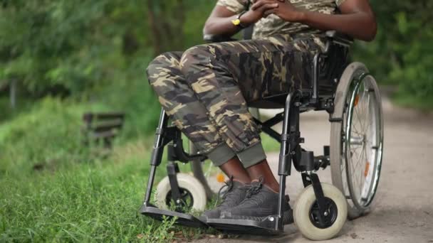 Unrecognizable African American Young Man Wheelchair Outdoors Summer Park Injured — Wideo stockowe