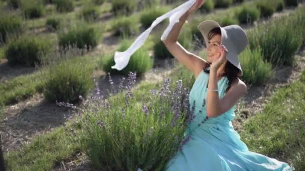 Beautiful Woman Sitting Right Lavender Field Looking Away Smiling Slim — Wideo stockowe