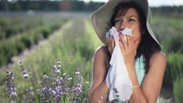 Slim Beautiful Woman Smelling Clean White Scarf Sitting Lavender Field — Video