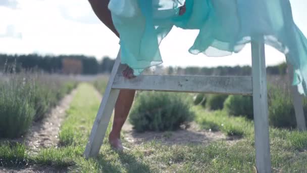 Blue Dress Waving Slow Motion Wind Lavender Field Unrecognizable Woman — стоковое видео