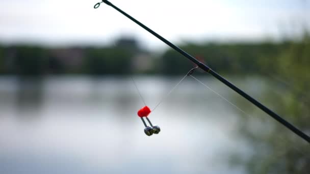 Fishing Rod Sinker Equipment Outdoors Background River Water Side View — Video Stock