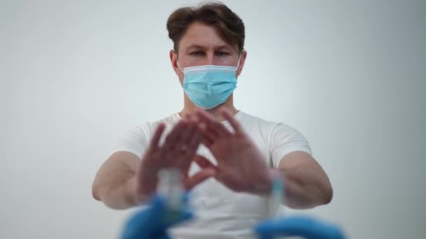 Portrait Serious Caucasian Man Covid Face Mask Rejecting Vaccination Stretching — Video